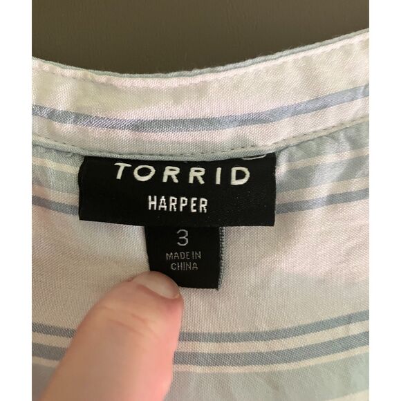 Torrid Harper chambray fit pullover 3/4 sleeve striped blouse - Picture 5 of 11